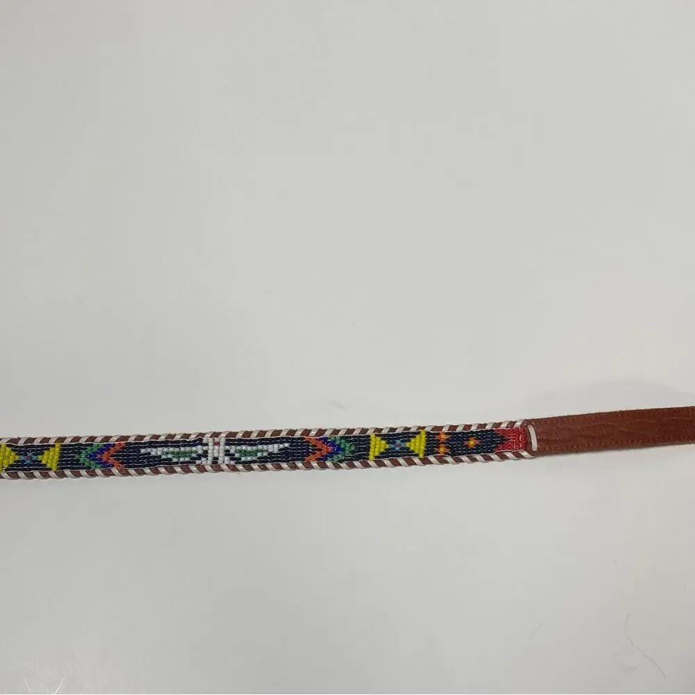 Vintage Genuine Cowhide Hand Beaded & Laced Aztec Tooled Leather Belt Size 24